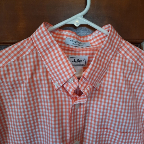 NWOT L.L. Bean Traditional Fit Wrinkle Resistant Orange Gingham Button Up Shirt - Picture 4 of 9